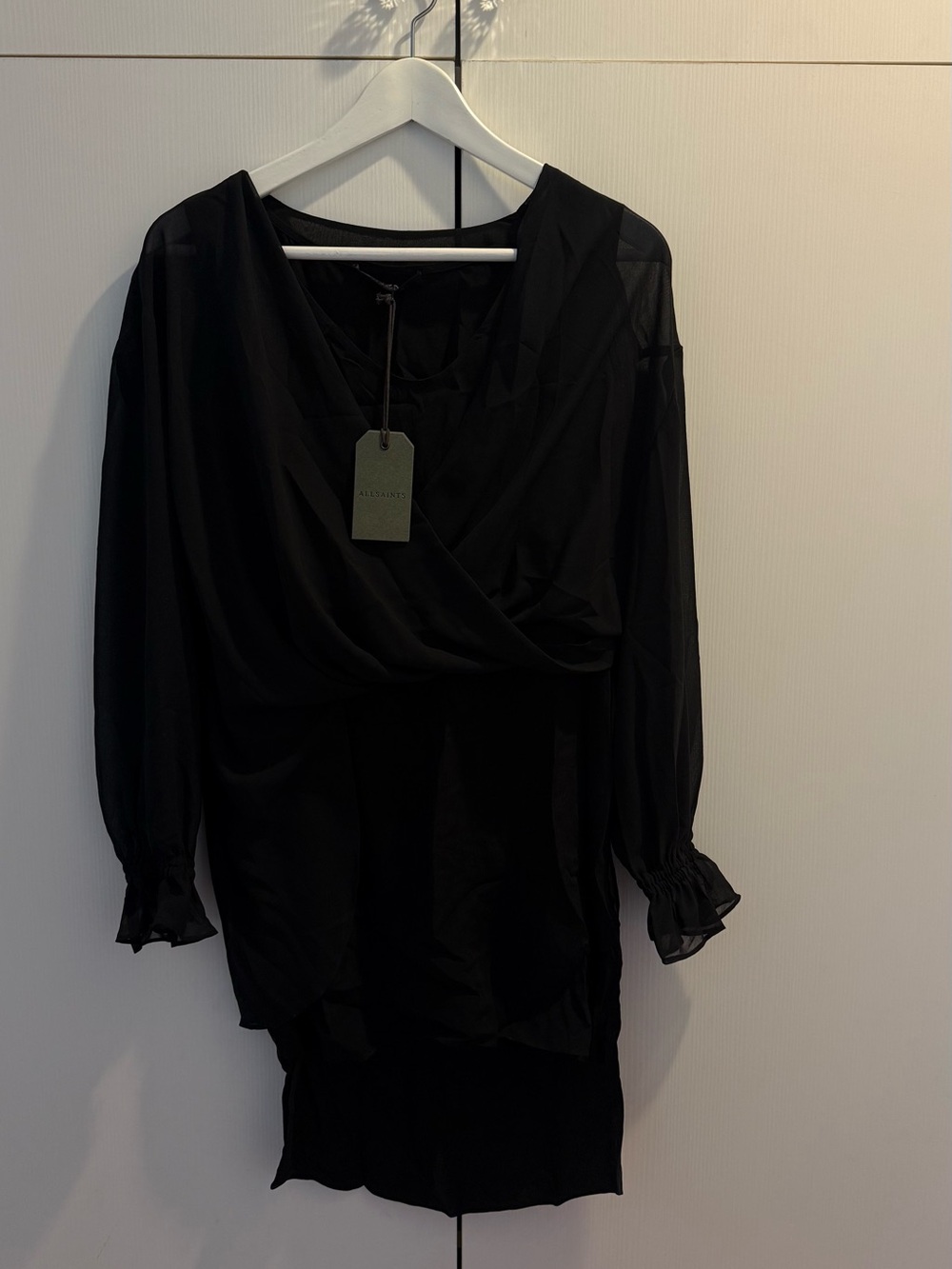 All Saints Black Draped Long-Sleeve Dress